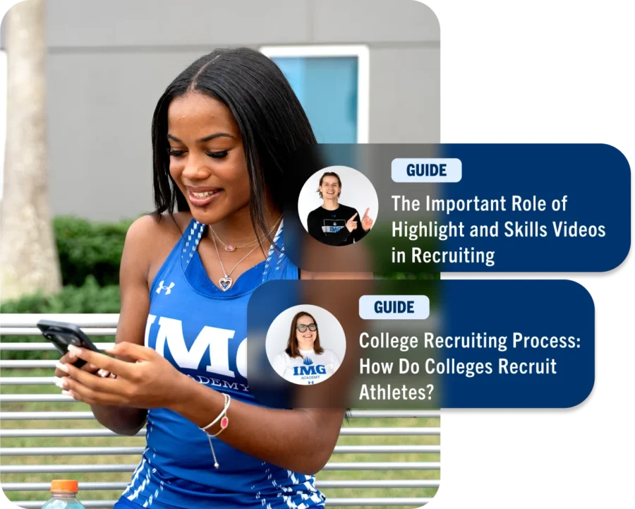 athlete reading college sports recruiting guides on her phone